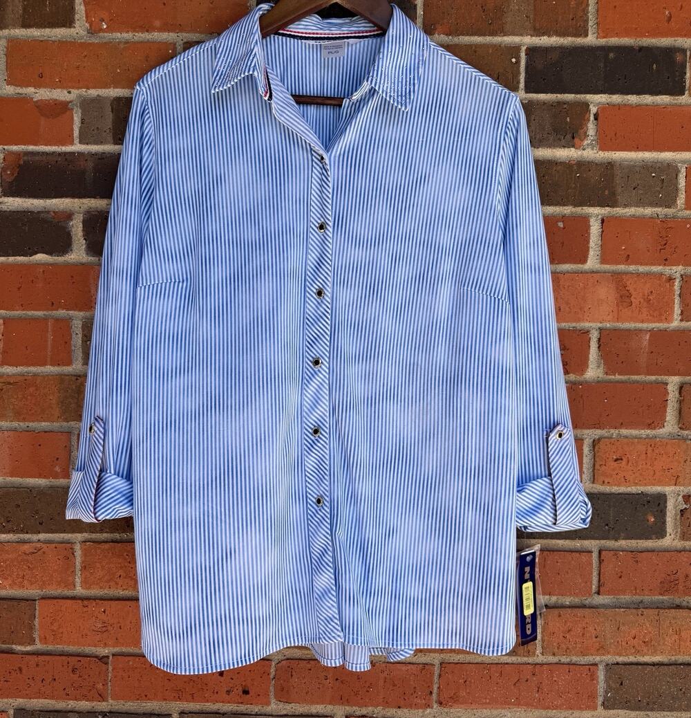 NWT Nygård Women’s Blue & White Striped Button Front Blouse Petite Large
